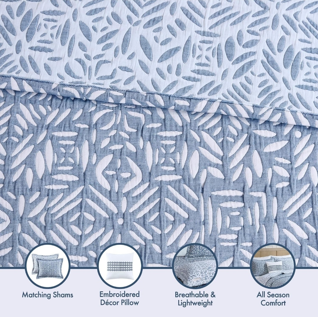 Madison Park Quilt Set Metelasse Reversible Coverlet Set Size, Soft Summer Quilt, All Season, King/Cal King, Azul, 4 Piezas