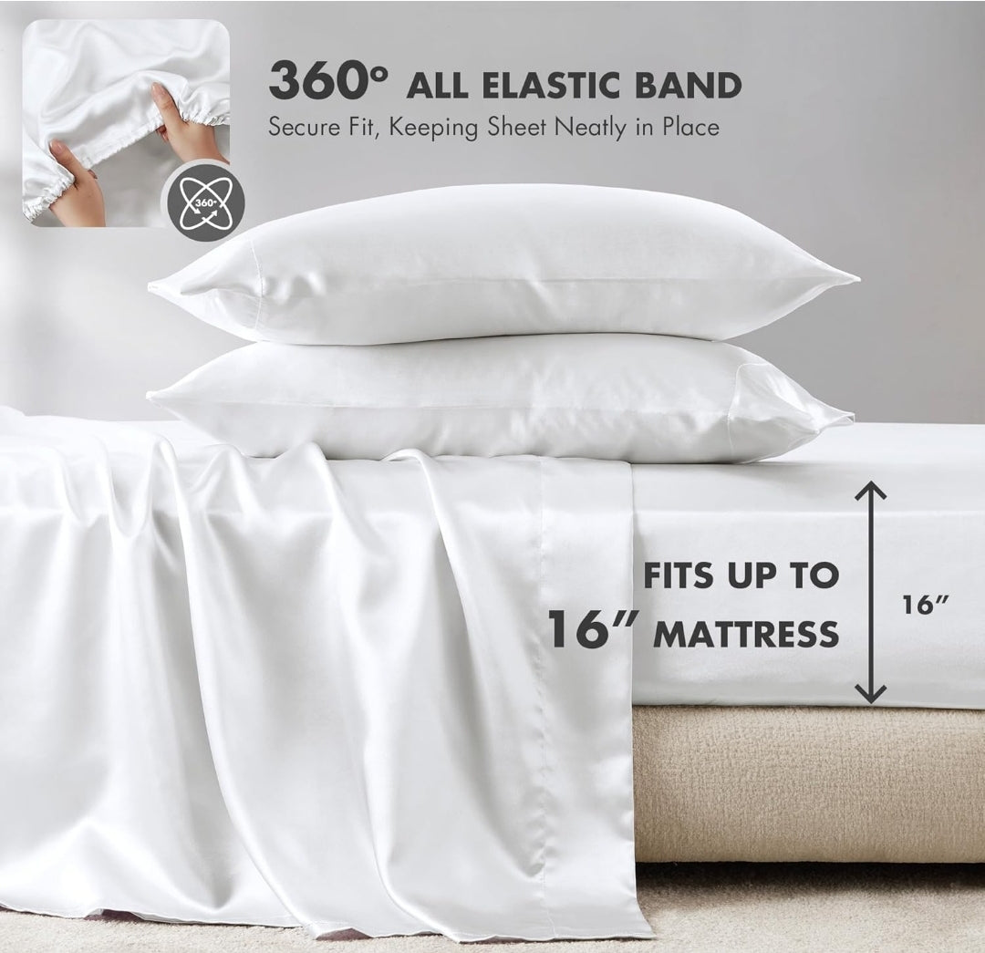 Madison Park Essentials Satin Sheet Set Luxury and Silky with Natural Sheen, Elastic 14" Pocket fits up to 16" Mattress, All Around Elastic - Year-Round Bedding, 6 Piezas, Blanco, King