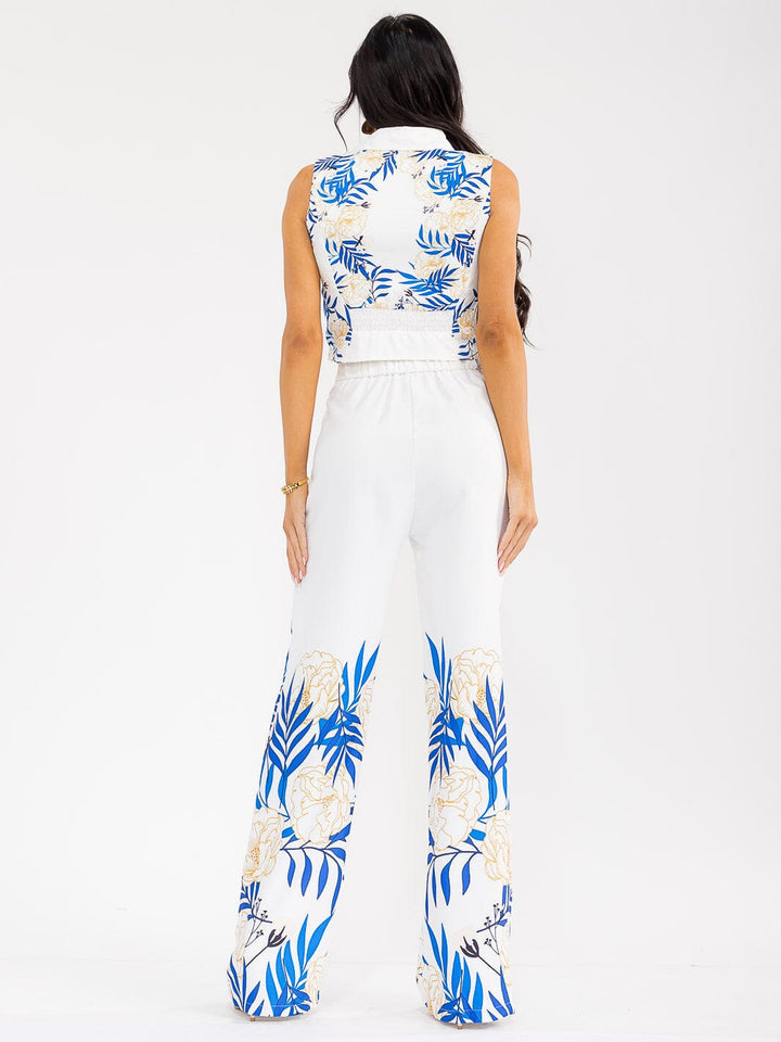 Conjunto blanco y azul floral de 2 piezas: top corto sin mangas para mujer + pantalón con cierre de botones y estampado floral.
