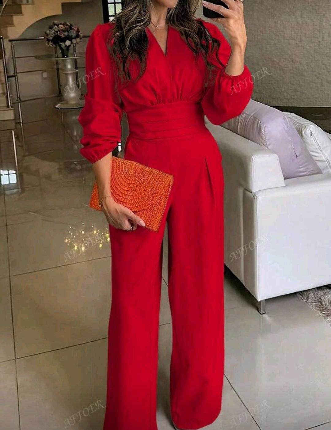 Jumpsuit Rojo Holgado de Pierna Ancha y Cuello en V