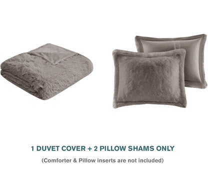 Intelligent Design Malea Shaggy Duvet with Quilted Box Design, Long Faux Fur Comforter Cover Cozy Bedding Set, 3 Piezas, Gris, King