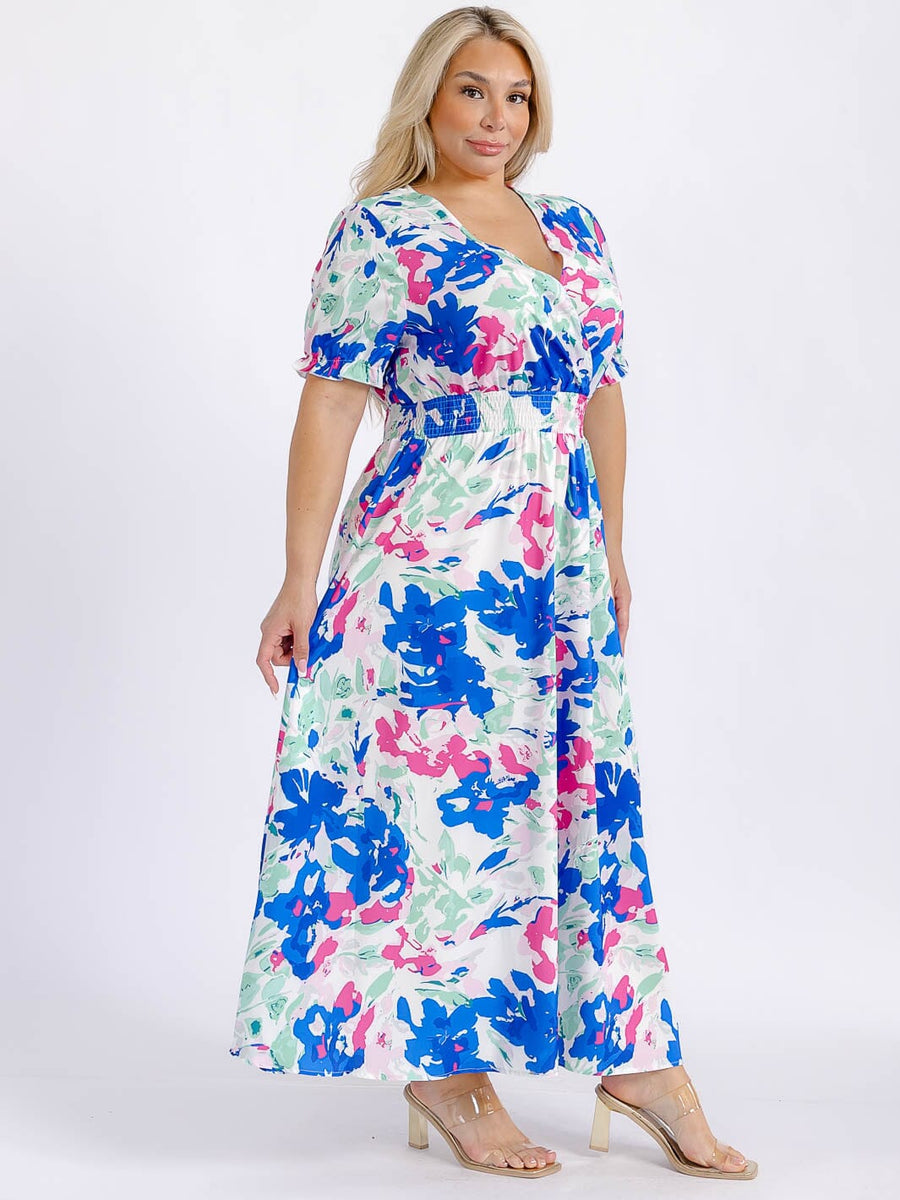 Vestido Plus maxi azul royal manga corta