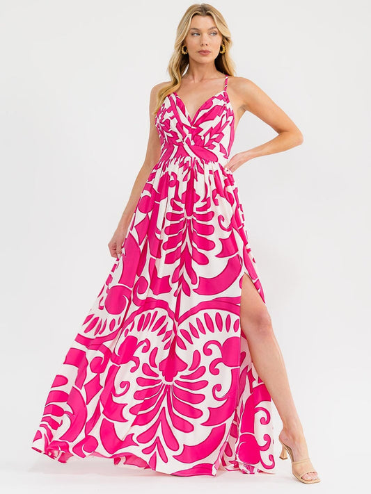 Vestido maxi fucsia y blanco sin mangas cuello en V de espalda abierta