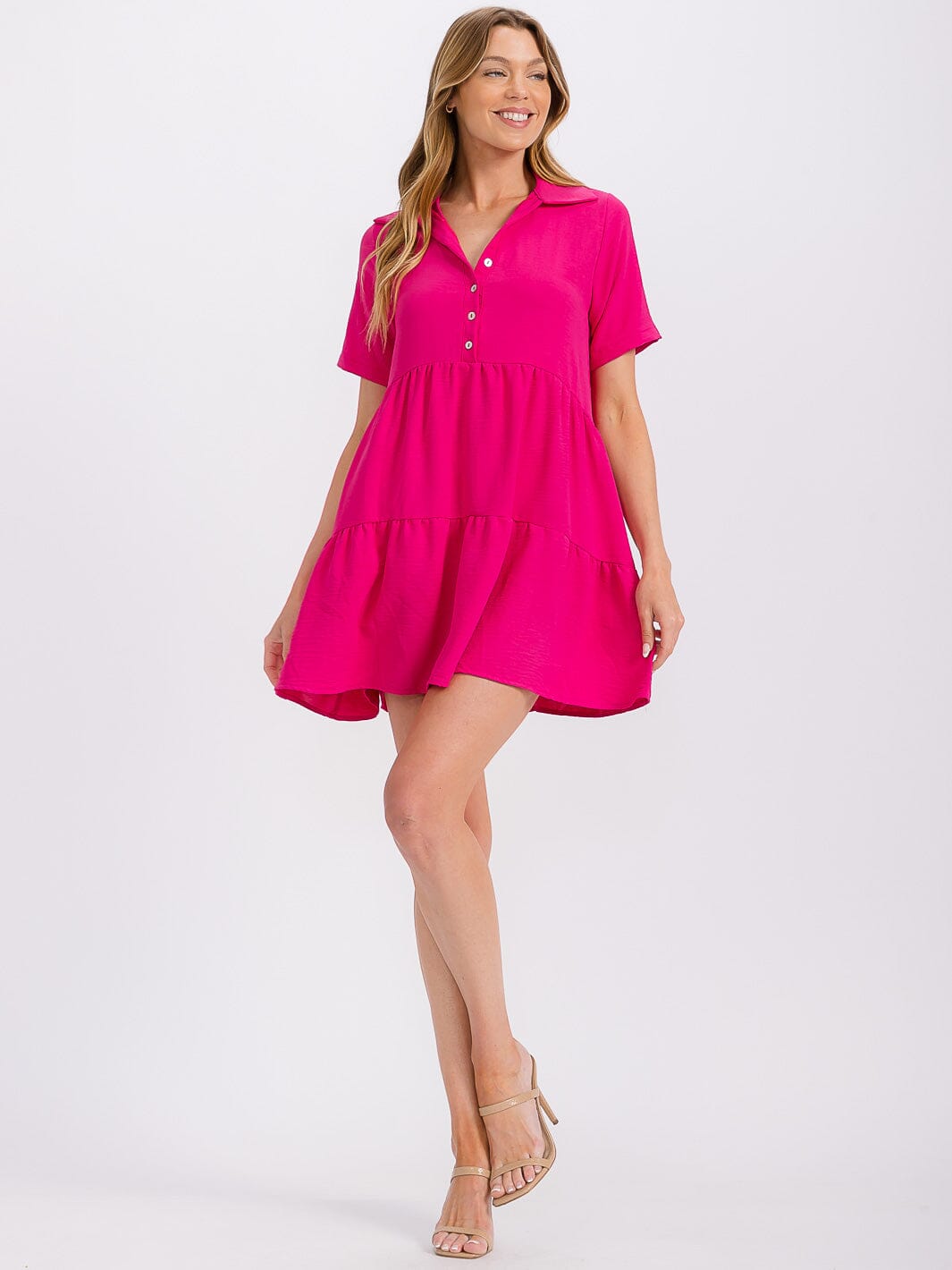 Vestido mini fucsia manga corta con cuello de botones