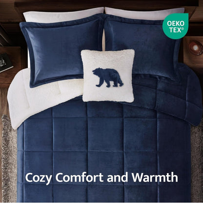 Woolrich Reversible Comforter Set Ultra Soft Plush to Sherpa, Down Alternative, Cold Weather Winter Warm Bedding, with Matching Sham, Decorative Pillow, Navy Blue/Ivory, 4 Piezas, Full/Queen