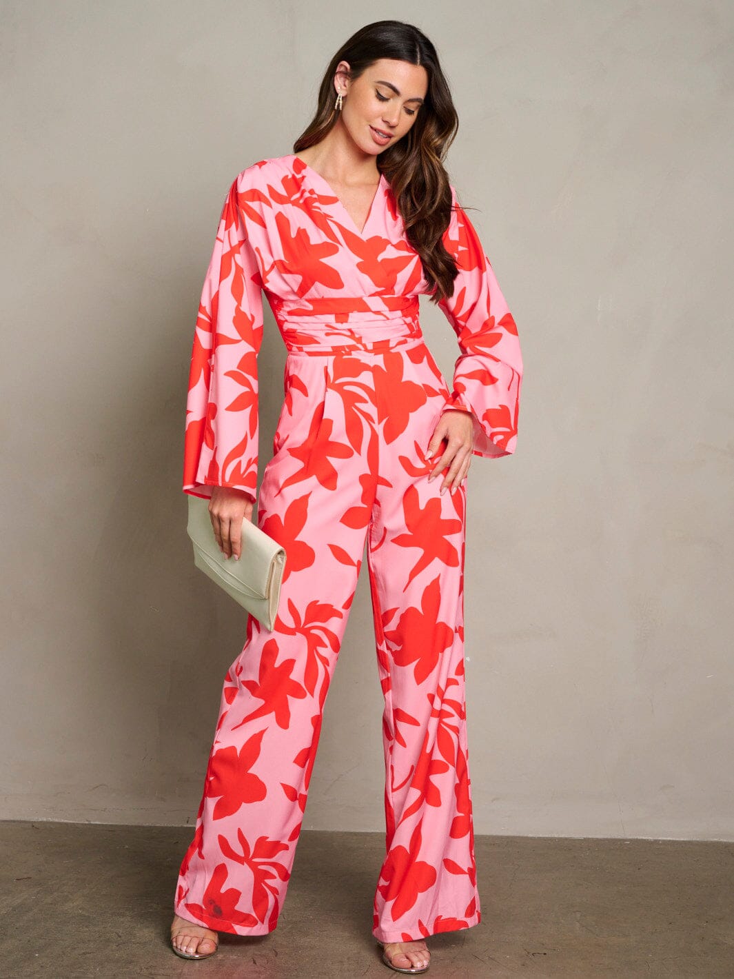 Jumpsuit Rosado Floral Manga Larga y de Pierna Ancha