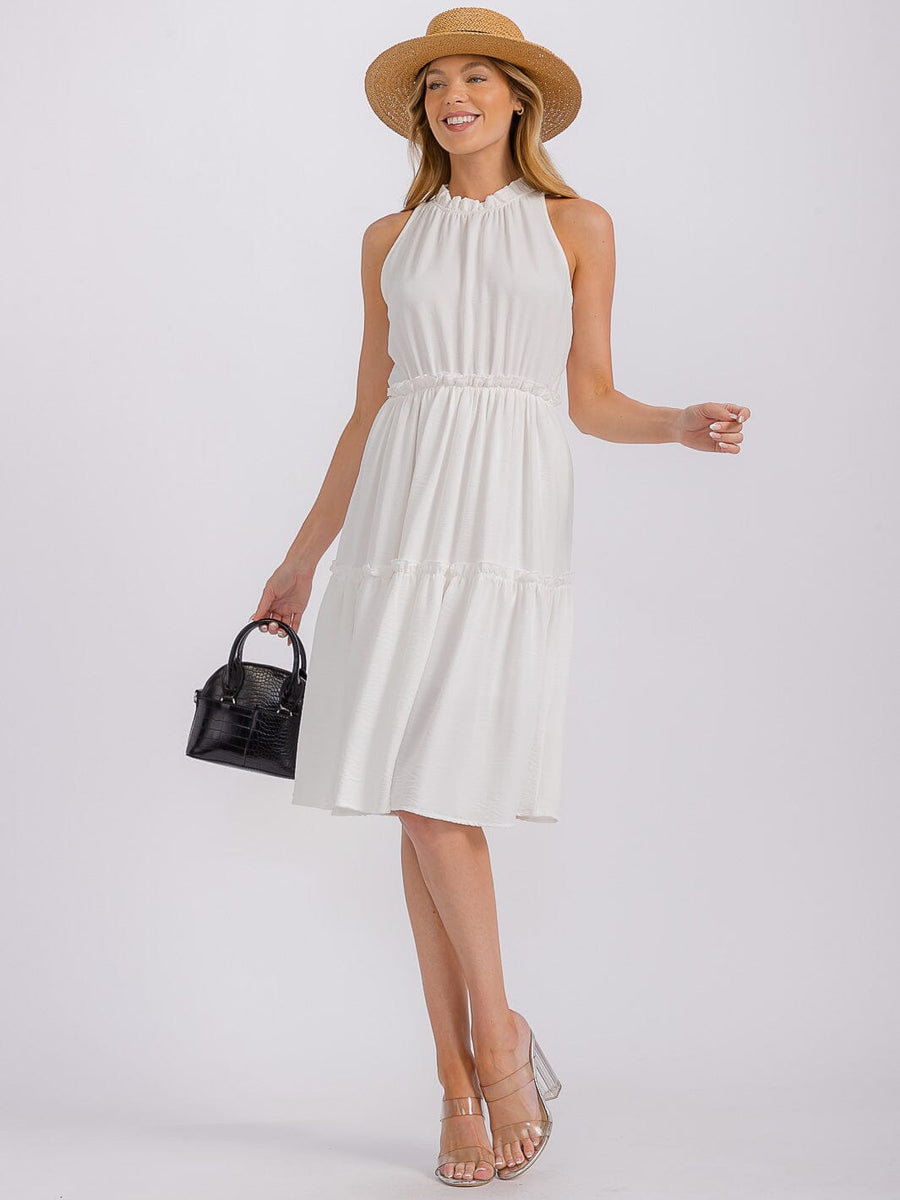 Vestido corto midi blanco cuello mock con cintura elástica