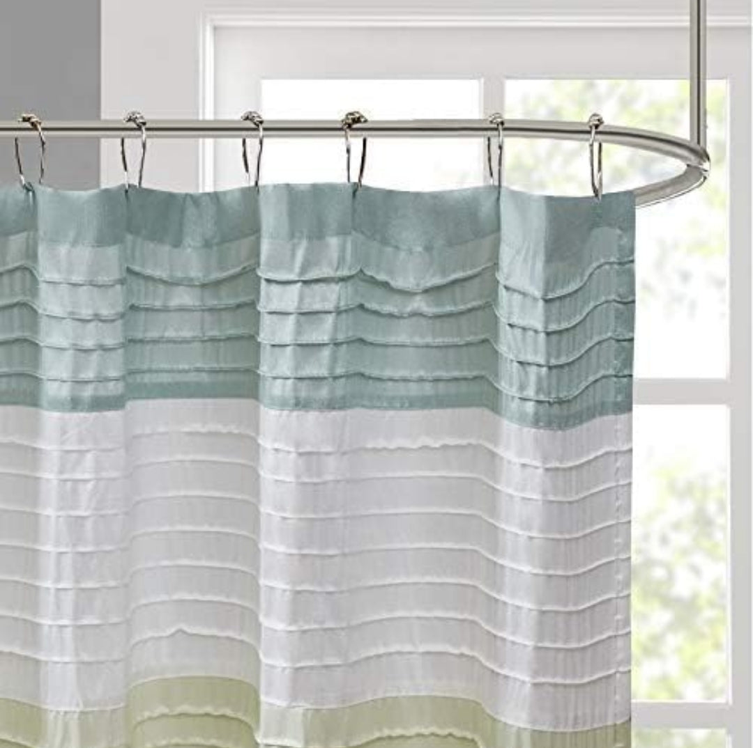 Madison Park Amherst Bathroom Shower Curtain Faux Silk Pieced Striped Modern Microfiber Bath Curtains, 72"x72", Verde, 1 Cortina de Baño