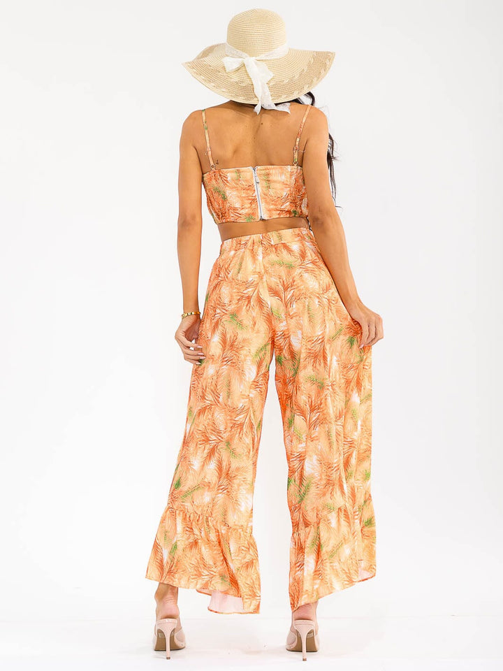 Conjunto anaranjado floral de 2 piezas para mujer: top corto smock sin mangas + pantalón de pierna ancha con cierre (zip).