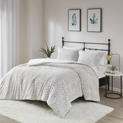 Madison Park Polyester Adelyn Brushed Long Fur Duvet Cover Set, 3 Piezas, Gris, King