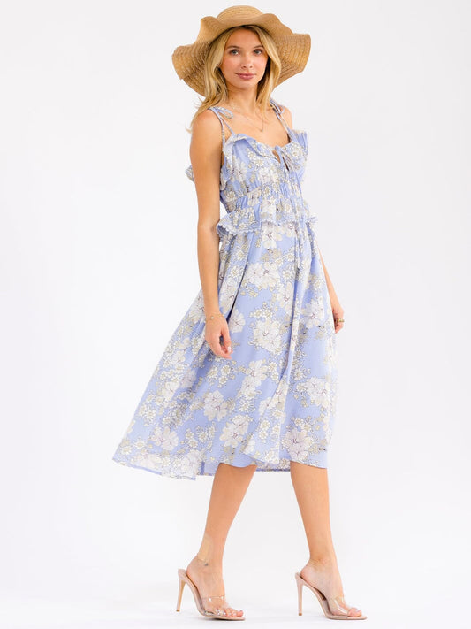 Vestido azul floral de tirantes y vuelos con cintura smock