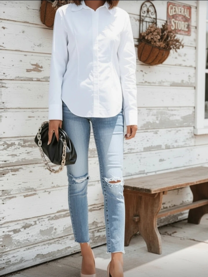 Camisa manga larga blanca con cuello y de botones