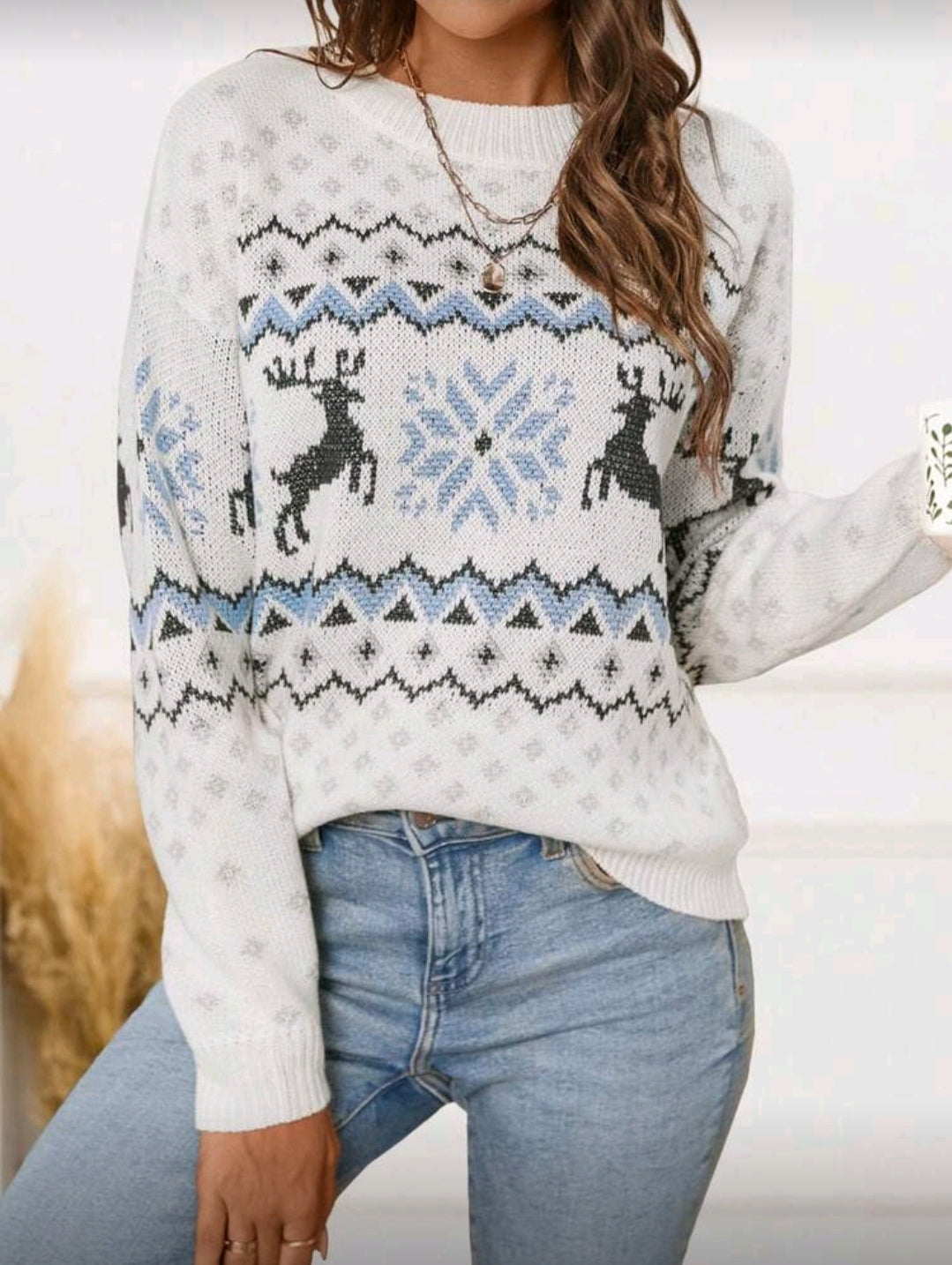 Suéter Blanco de renos y copo de nieve