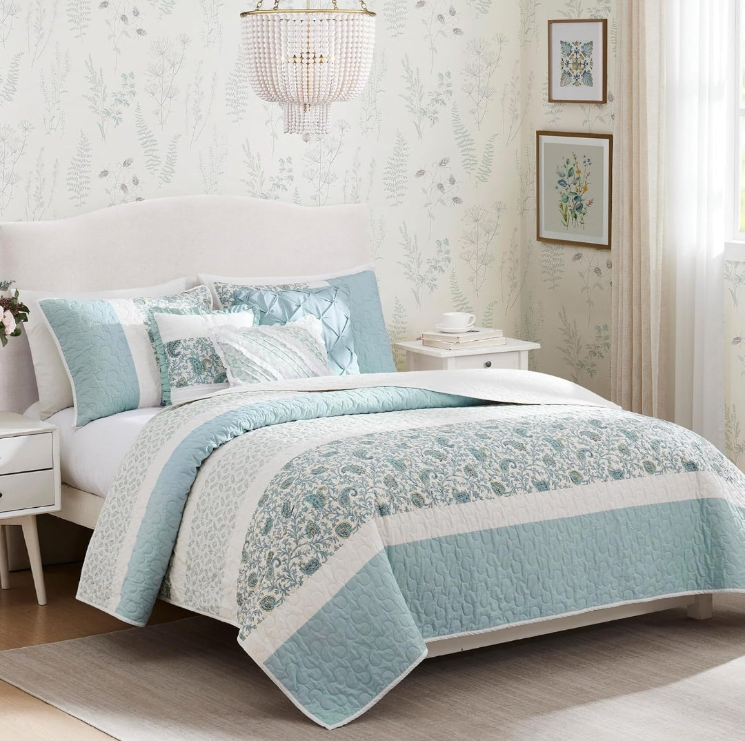 Madison Park 100% Cotton Quilt Set Floral Print Light Teal Aqua, 6 Piezas, Queen