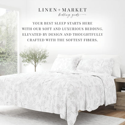 Ienjoy Linen Market Bedding Sheet Set, 4 Piezas, Blanco con Lineas Grises, Queen