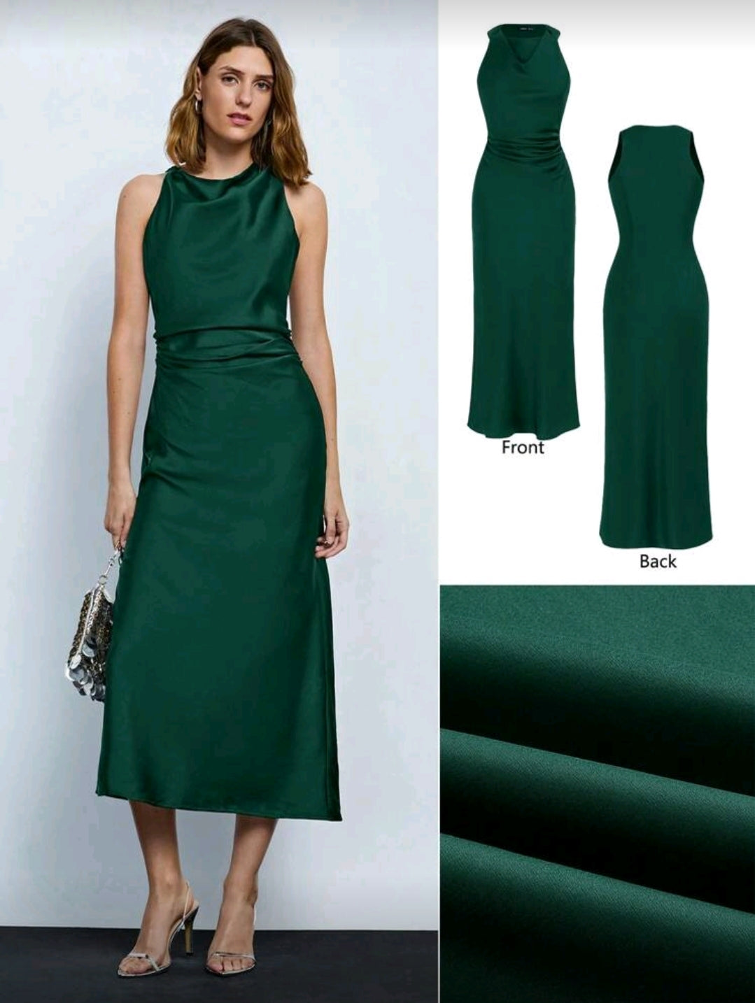 Vestido verde Midi de Satin con Cuello Fruncido