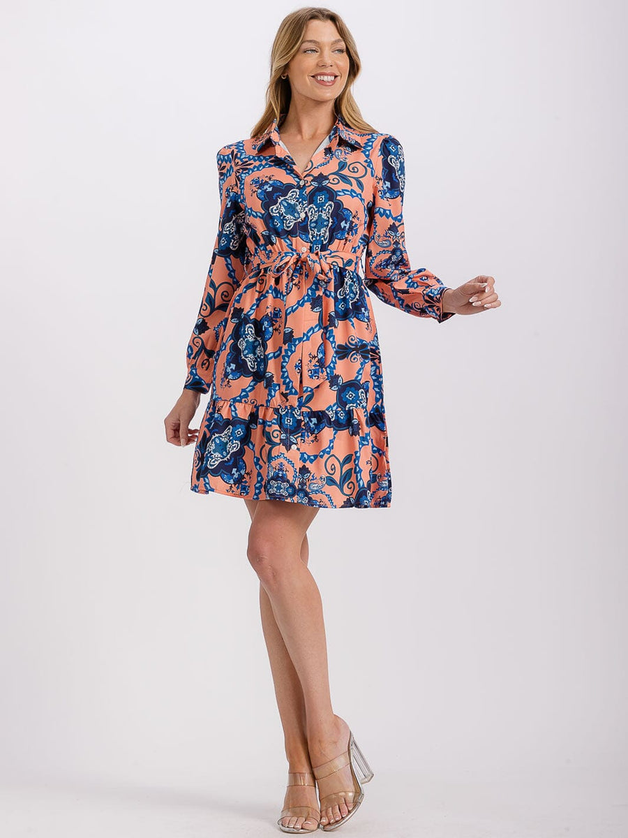 Vestido Midi Azul y Rosa con Cinturon