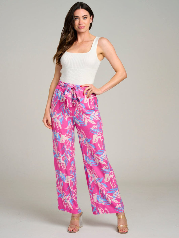 Pantalón fucsia con patron multicolor de pierna ancha