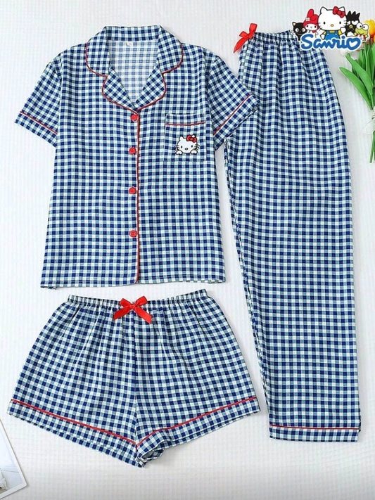 Pijama azul cuadriculada de Hello Kitty de 3 piezas