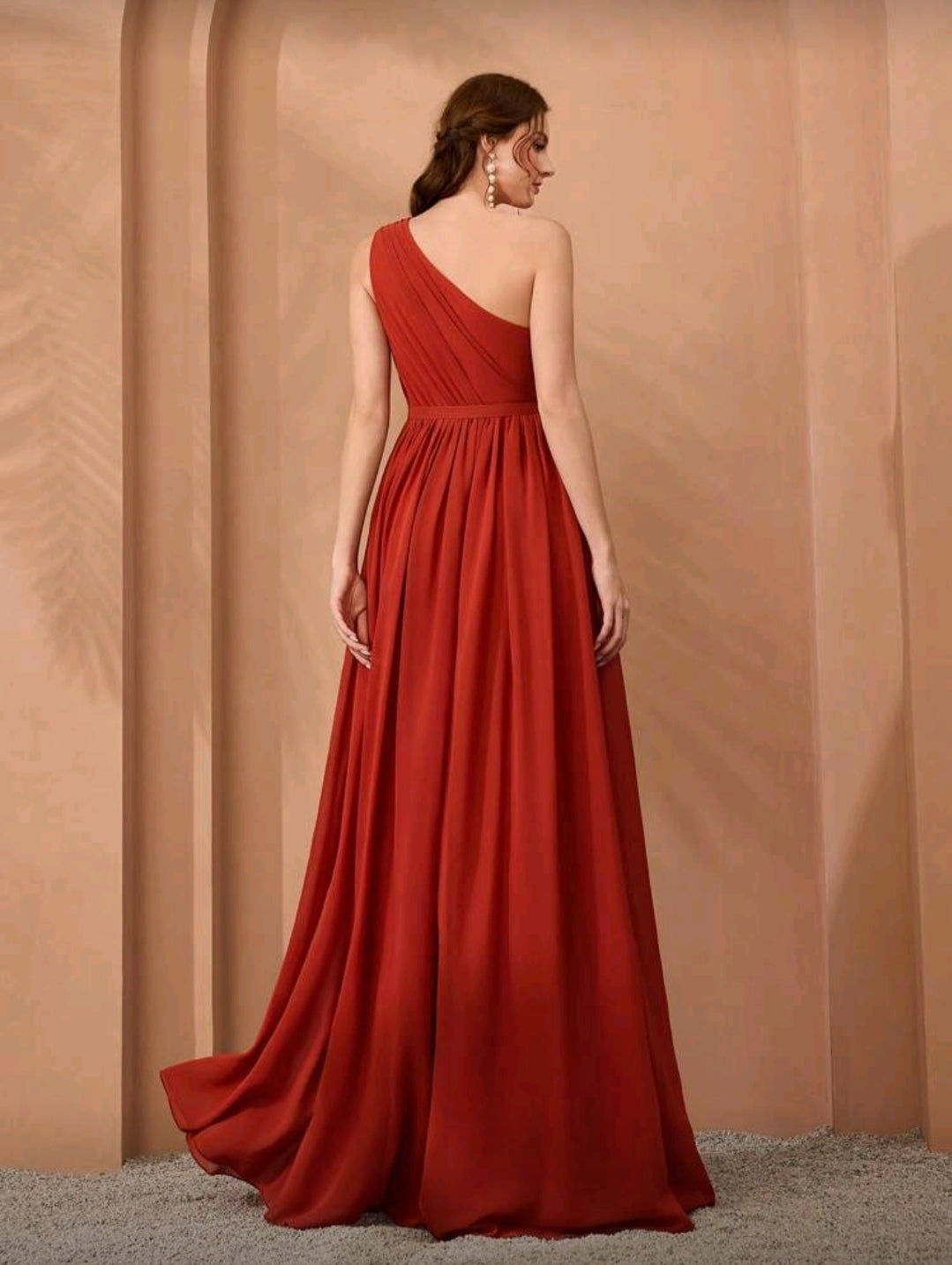 Vestido Elegante Anaranjado/Rojizo Plisado de un solo Hombro