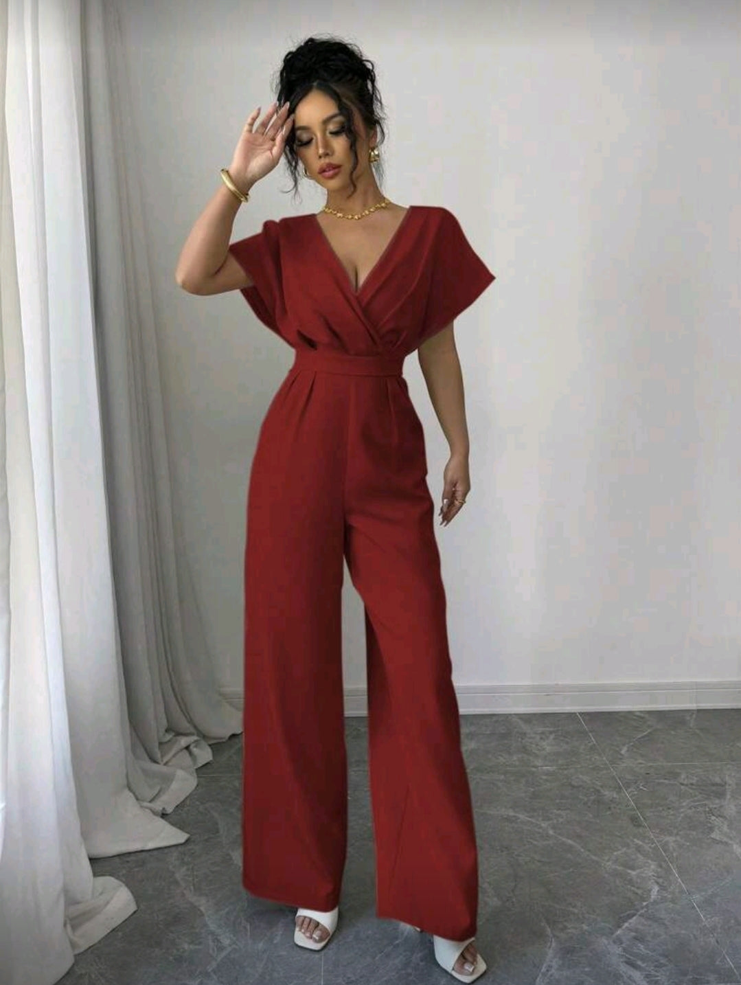 Jumpsuit Rojo con pliegues a la cintura