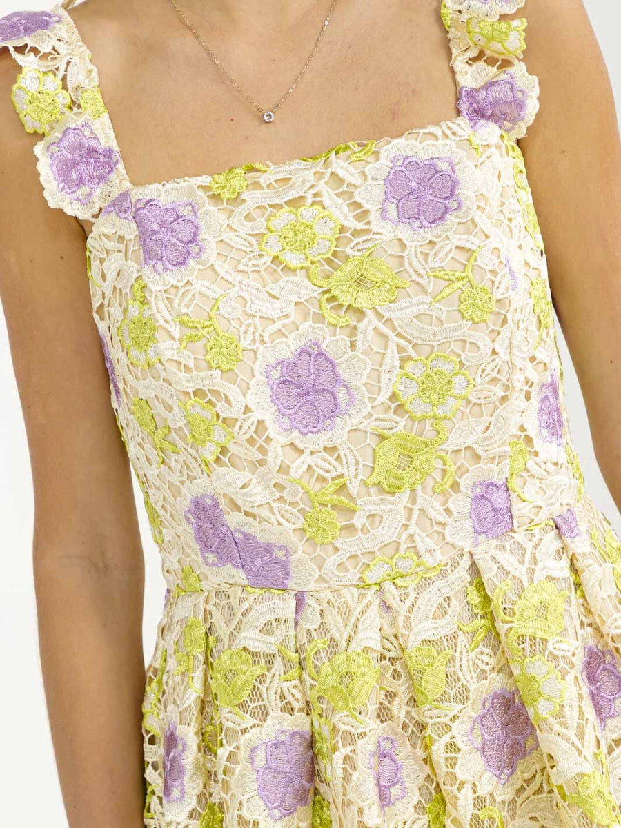Vestido floral verde lima y morado corto