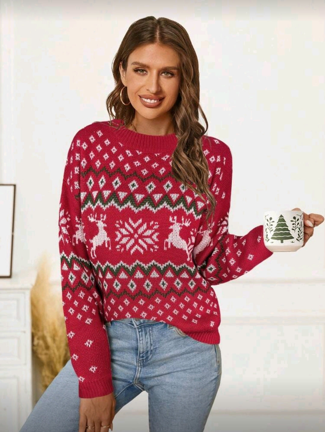 Suéter Rojo de Renos y Copo de Nieve Blancos