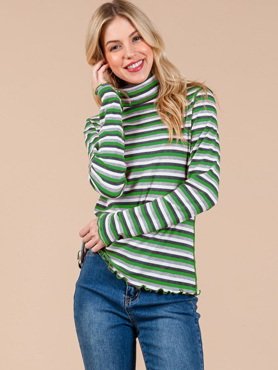 Camisa de Franjas Verdes Manga Larga y Cuello de Tortuga