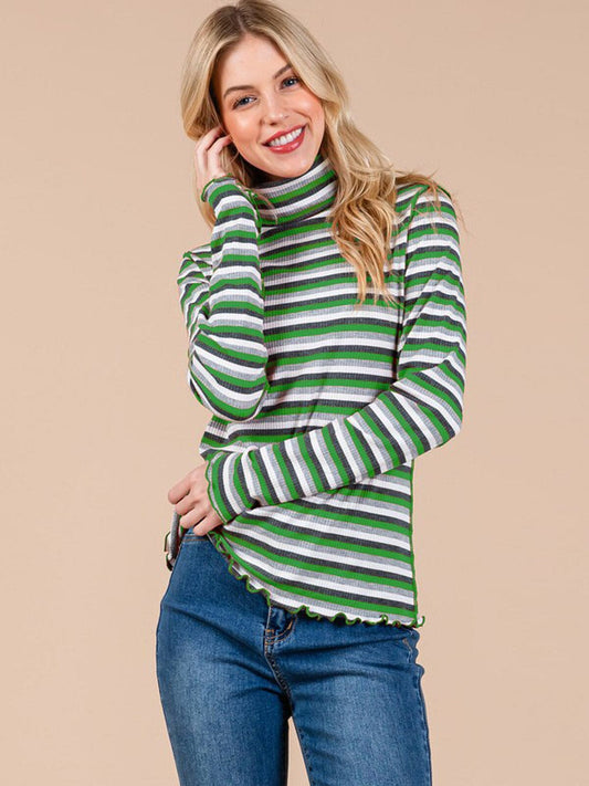 Camisa de Franjas Verdes Manga Larga y Cuello de Tortuga