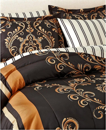 Fairfield Square Collection Lanwood Home Sabrina Damask 8-Piece Bed-in-A-Bag Comforter Set with Comforter, Pillow Shams, Dorado/Negro, 8 Piezas, King