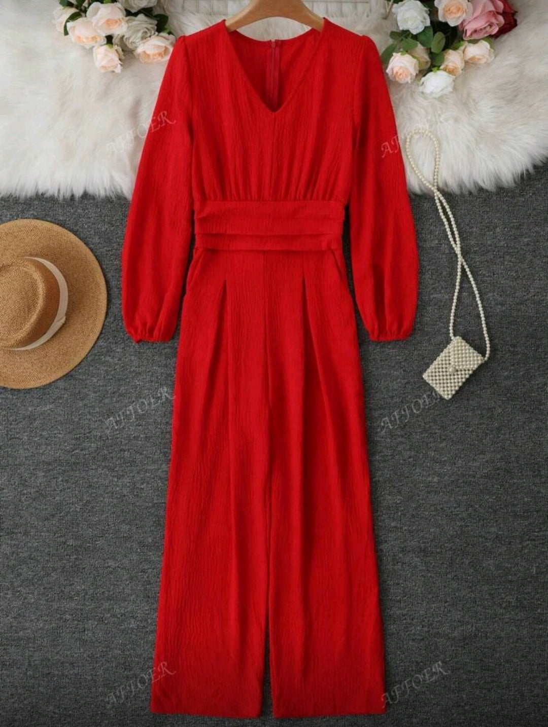 Jumpsuit Rojo Holgado de Pierna Ancha y Cuello en V