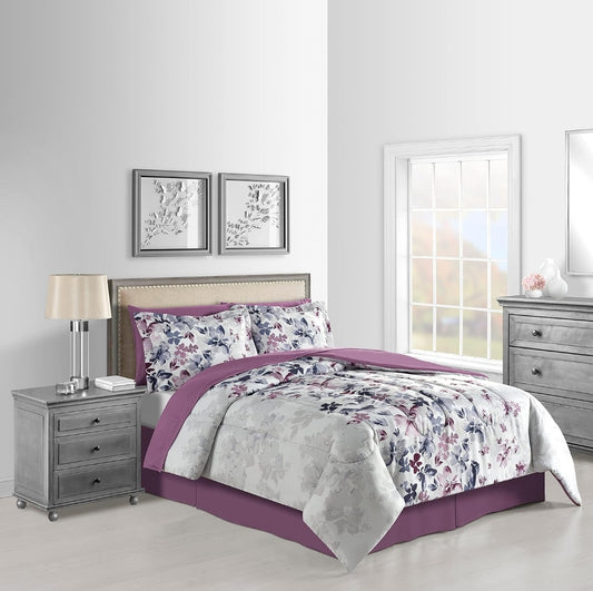 Fairfield Square - Lanwood Monica, Bed-in-A-Bag Set, California King, Floral Reversible, Blanco/Lila, 8 Piezas, King