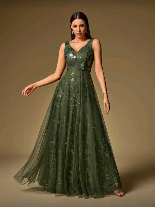 Vestido Verde Elegante con Cuello en V