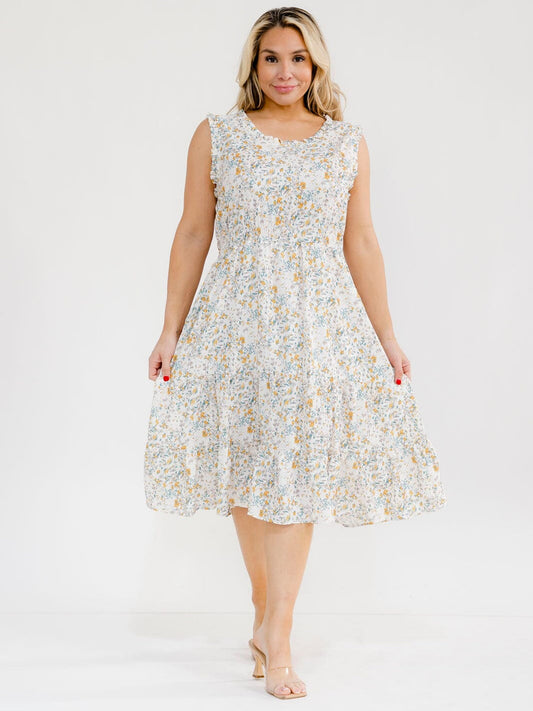 Vestido Plus blanco floral sin mangas y con bolsillos