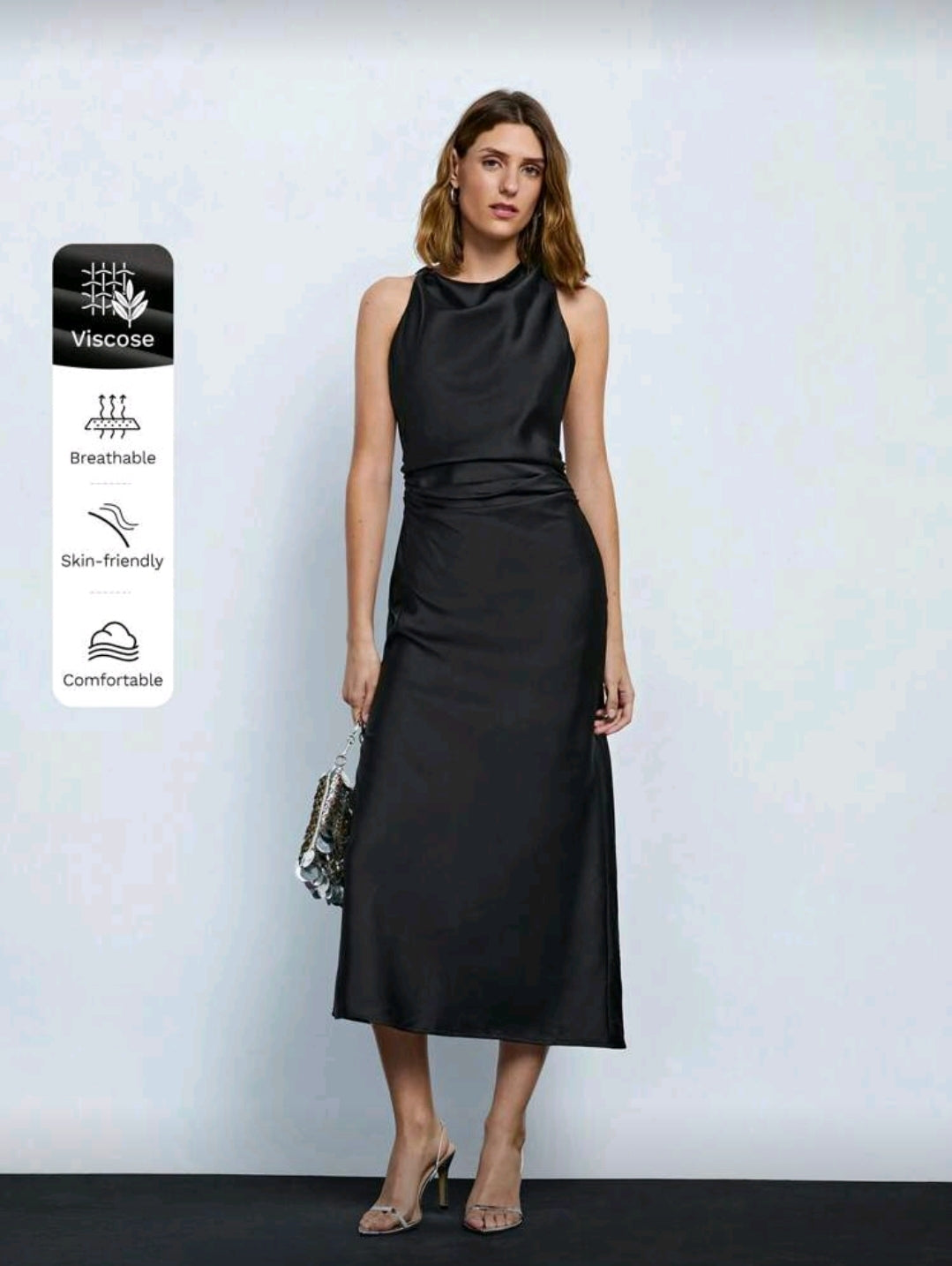 Vestido negro Midi de Satin con Cuello Fruncido