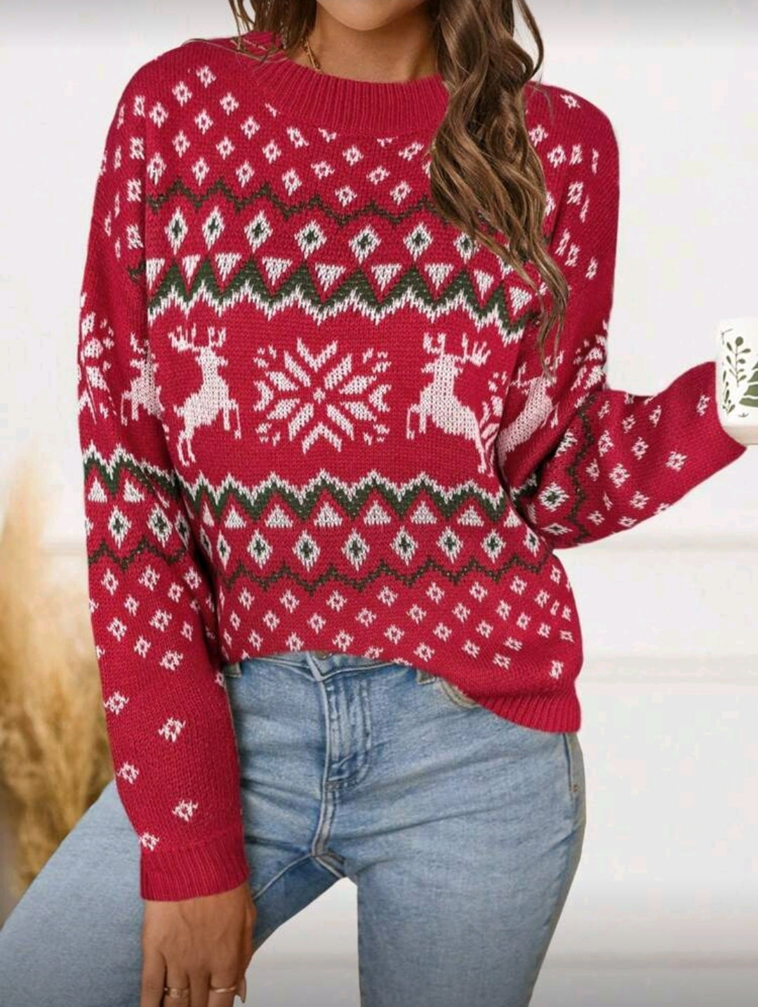 Suéter Rojo de Renos y Copo de Nieve Blancos