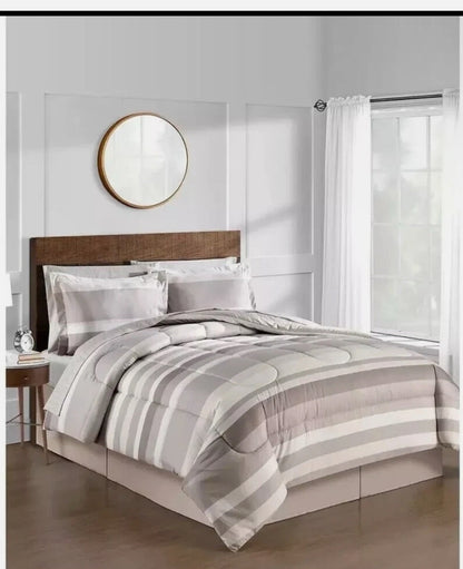 Lanwood Home Austin Striped Comforter Set, Café, 8 Piezas, Queen