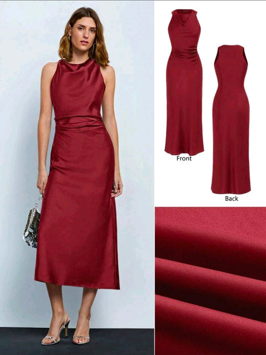 Vestido rojo satinado sin mangas y cuello fruncido
