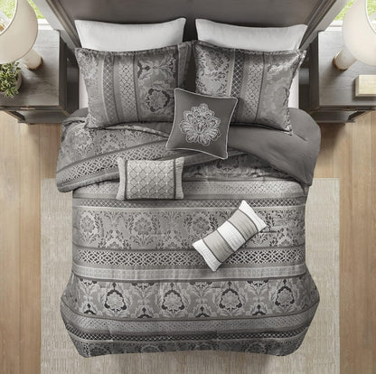 Madison Park Bellagio 7 Piece Comforter Set Damask Design Down Alternative Queen 90"x90" Gris