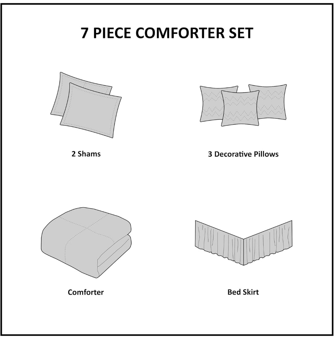Madison Park Bellagio 7 Piece Comforter Set Damask Design Down Alternative Queen 90"x90" Gris