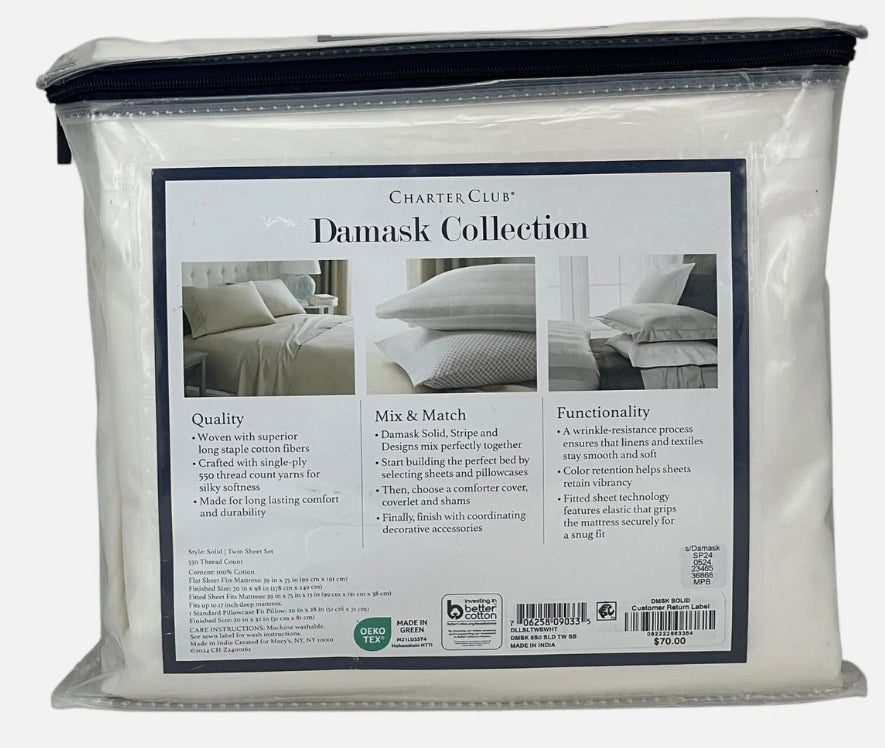 Charter Club Damask Solid 3 Piezas Set 550 TC Supima Cotton IVORY, Blanco, Twin