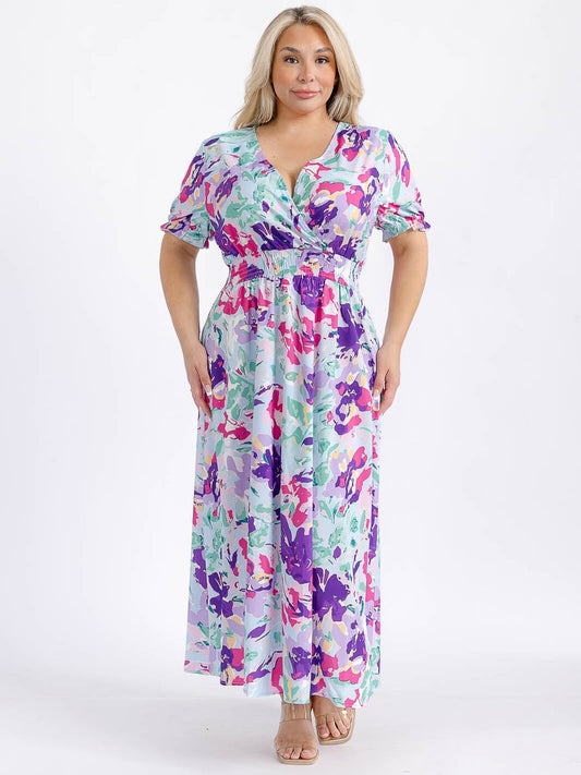 Vestido Plus maxi azul claro y morado manga corta