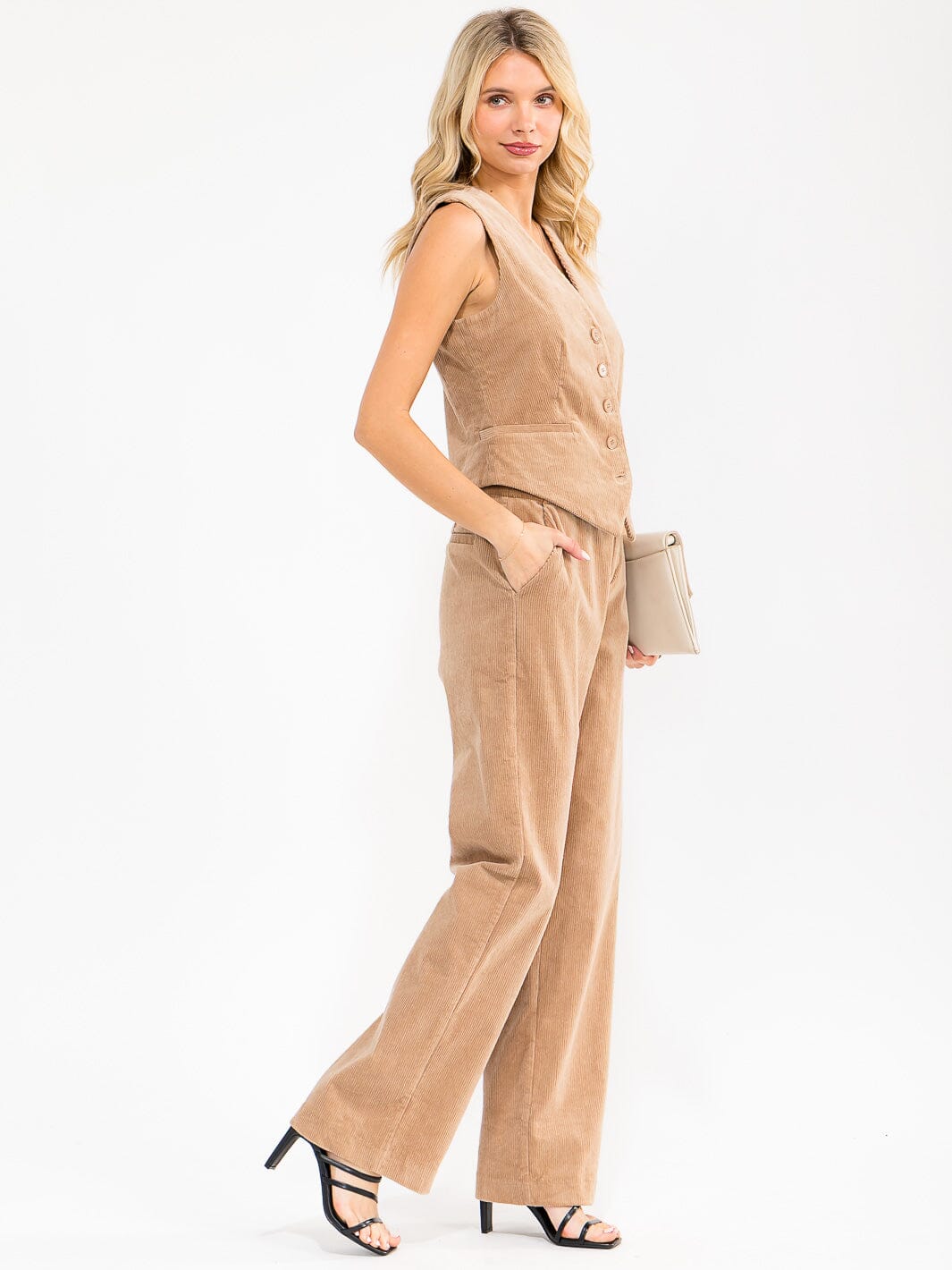 Set de 2 piezas café claro de chaqueta y pantalón de corduroy