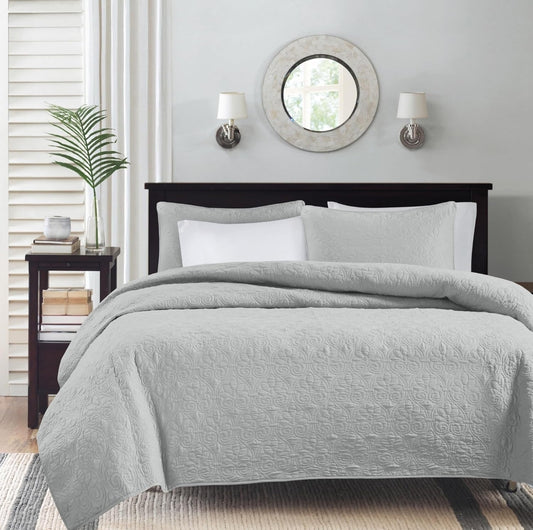 Madison Park Quebec Quilt Set - Luxurious Damask Stitching Design, Cotton Filled Lightweight Coverlet Bedspread Bedding, Shams, 3 Piezas, Gris, Full/Queen