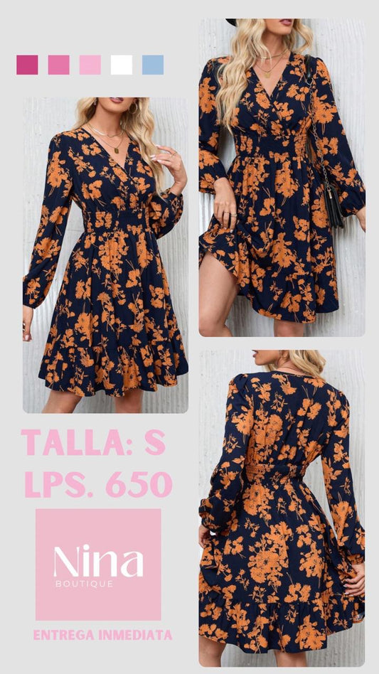 Vestido azul oscuro con flores anaranjadas