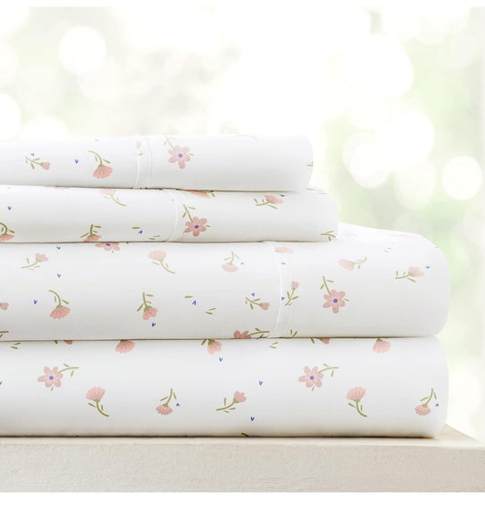 Ienjoy Linen Market Double-Brushed Ultra Soft Twin Sheet Set, Wrinkle-Free Easy Care, Blanco/Flores Rosadas, Twin, 3 Piezas