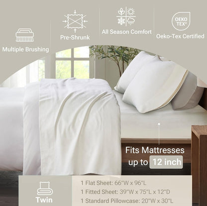 True North by Sleep Philosophy 100% Cotton Sheet Twin Ivory Solid 3 Piezas, Blanco, Twin