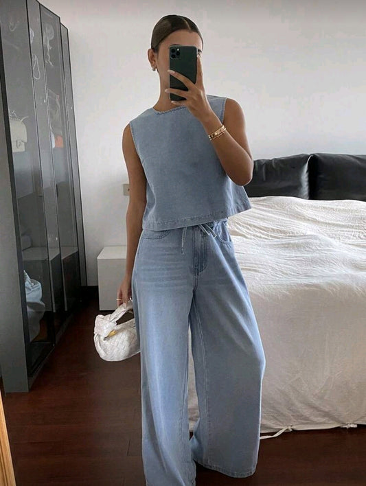 Conjunto Azul de Camisa y Pantalón Holgado
