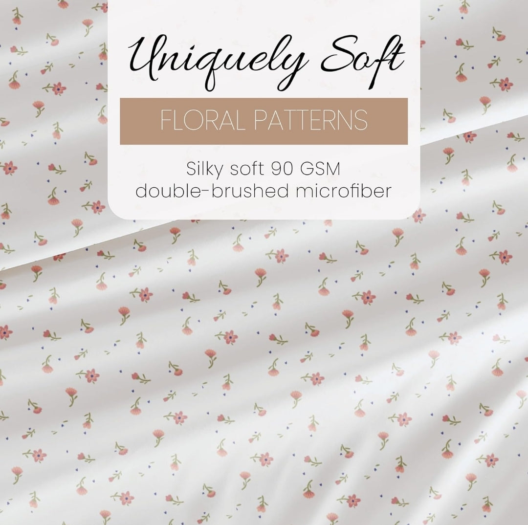 Ienjoy Linen Market Double-Brushed Ultra Soft Twin Sheet Set, Wrinkle-Free Easy Care, Blanco/Flores Rosadas, Twin, 3 Piezas