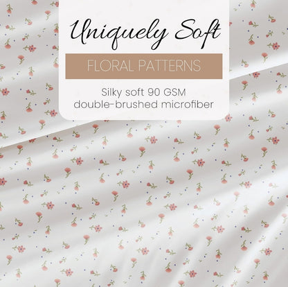 Ienjoy Linen Market Double-Brushed Ultra Soft Twin Sheet Set, Wrinkle-Free Easy Care, Blanco/Flores Rosadas, Twin, 3 Piezas